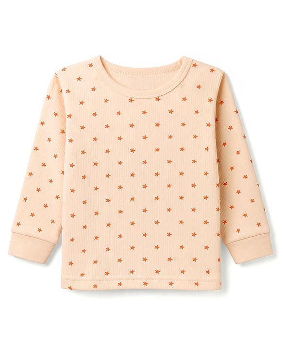 Babyhug Knit Full Sleeves Thermal Inner Wear Set with Star Print & Vest - Light Peach