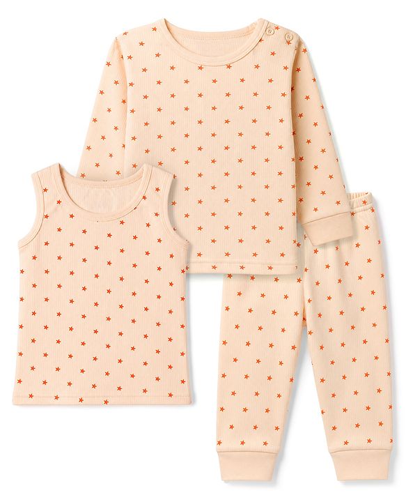 Babyhug Knit Full Sleeves Thermal Inner Wear Set with Star Print & Vest - Light Peach