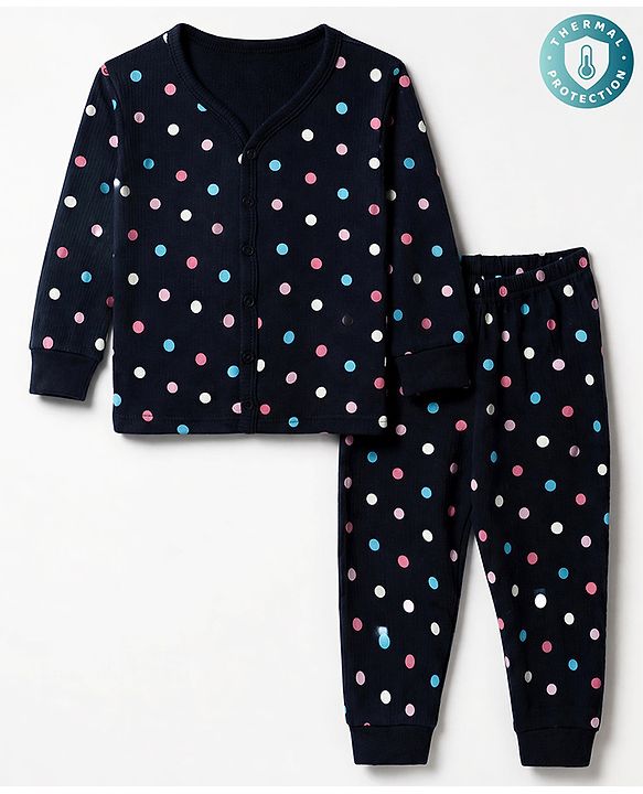 Babyhug Cotton Mix Knit Vest & Pant Thermal Set with Polka Dots in Navy Blue