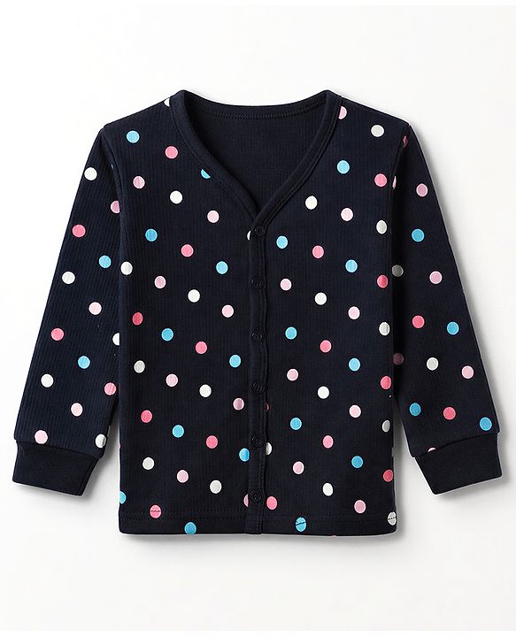 Babyhug Cotton Mix Knit Vest & Pant Thermal Set with Polka Dots in Navy Blue