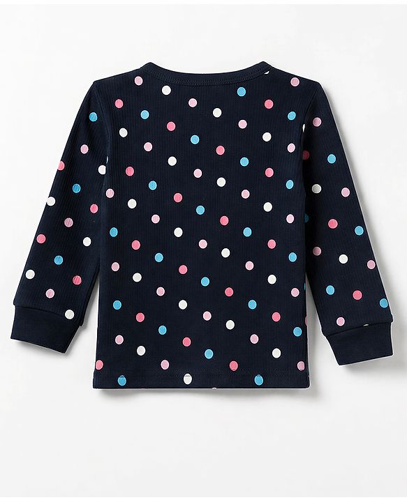Babyhug Cotton Mix Knit Vest & Pant Thermal Set with Polka Dots in Navy Blue