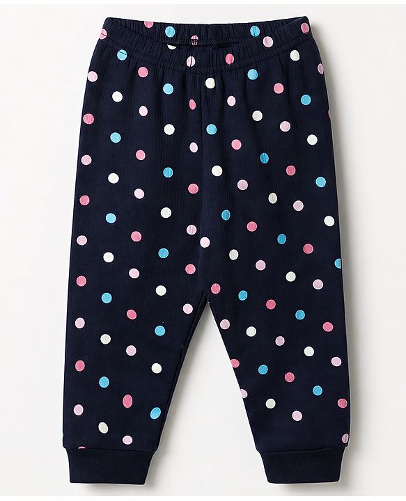 Babyhug Cotton Mix Knit Vest & Pant Thermal Set with Polka Dots in Navy Blue