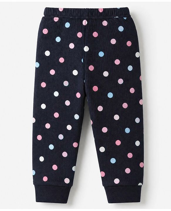 Babyhug Cotton Mixes Knit Half Sleeves Vest, Full Sleeve Pullover & Legging Thermal Set with Polka Dots Print - Navy Blue