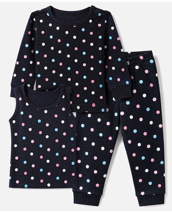 Babyhug Cotton Mixes Knit Half Sleeves Vest, Full Sleeve Pullover & Legging Thermal Set with Polka Dots Print - Navy Blue