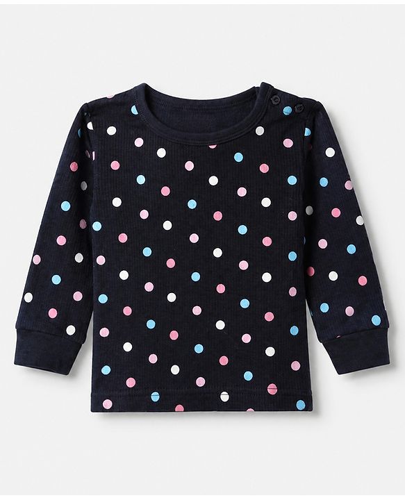 Babyhug Cotton Mixes Knit Half Sleeves Vest, Full Sleeve Pullover & Legging Thermal Set with Polka Dots Print - Navy Blue