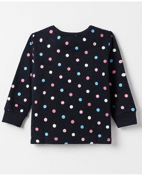 Babyhug Cotton Mixes Knit Half Sleeves Vest, Full Sleeve Pullover & Legging Thermal Set with Polka Dots Print - Navy Blue