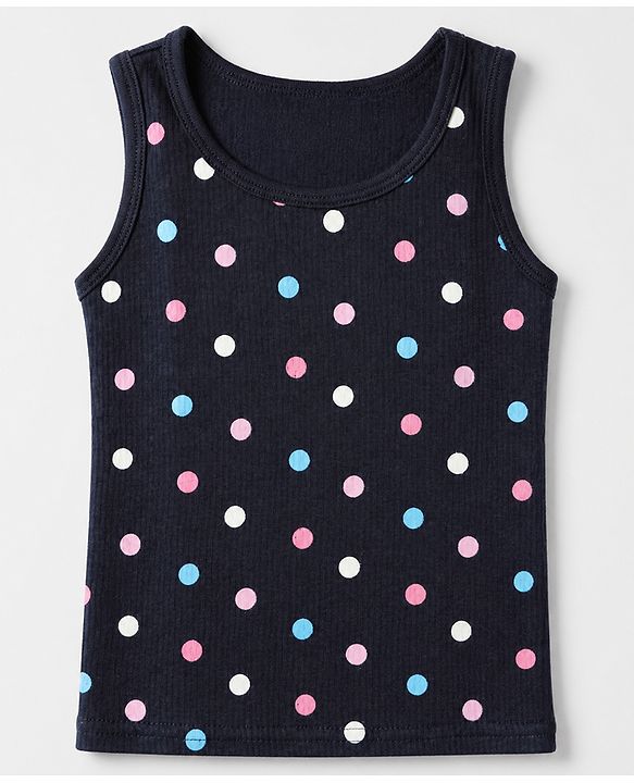 Babyhug Cotton Mixes Knit Half Sleeves Vest, Full Sleeve Pullover & Legging Thermal Set with Polka Dots Print - Navy Blue