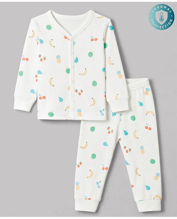 Babyhug Knit Full Sleeves Tropical Theme Printed Co-Ords Thermal Inner Wear - OffWhite