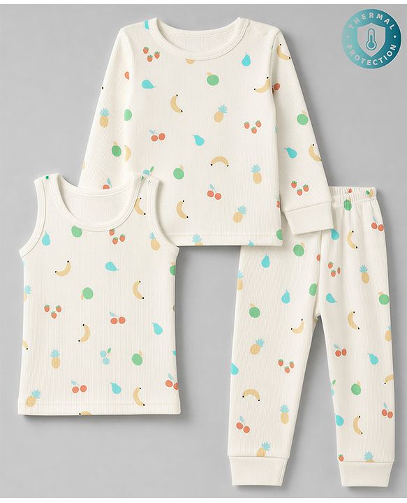Babyhug Knit Full Sleeves Fruits Printed Co-Ords Pullover Vest & Pant Thermal Inner Wear Set - OffWhite