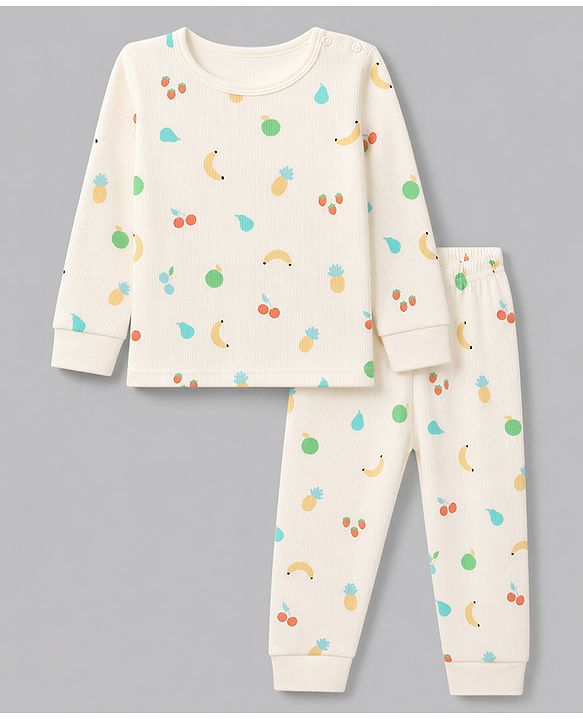 Babyhug Knit Full Sleeves Fruits Printed Co-Ords Pullover Vest & Pant Thermal Inner Wear Set - OffWhite