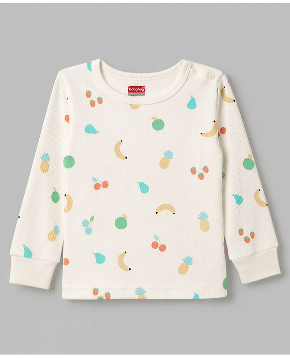 Babyhug Knit Full Sleeves Fruits Printed Co-Ords Pullover Vest & Pant Thermal Inner Wear Set - OffWhite