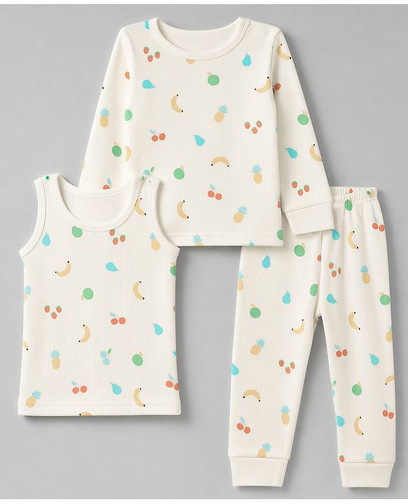 Babyhug Knit Full Sleeves Fruits Printed Co-Ords Pullover Vest & Pant Thermal Inner Wear Set - OffWhite