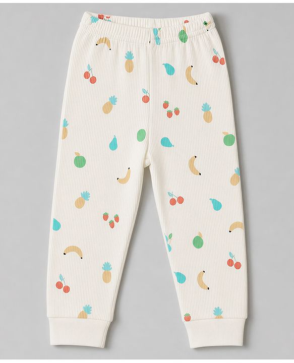 Babyhug Knit Full Sleeves Fruits Printed Co-Ords Pullover Vest & Pant Thermal Inner Wear Set - OffWhite
