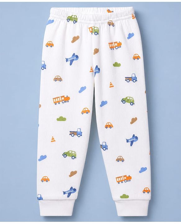 Babyhug Knit Full Sleeves Vehicles Printed Co-Ords Two Piece Vest & Pant Thermal Inner Wear Set - White