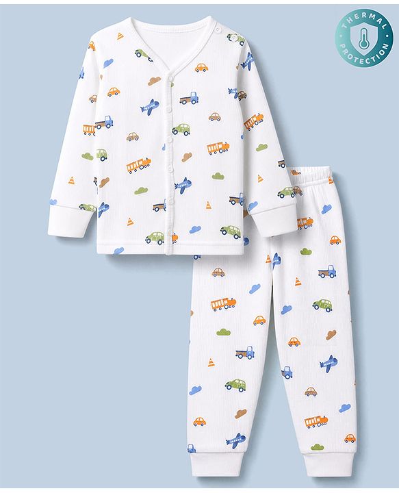 Babyhug Knit Full Sleeves Vehicles Printed Co-Ords Two Piece Vest & Pant Thermal Inner Wear Set - White