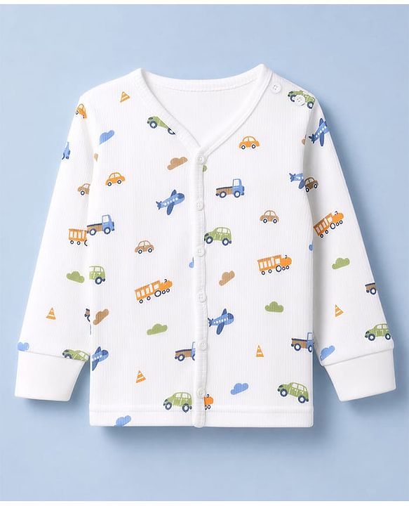 Babyhug Knit Full Sleeves Vehicles Printed Co-Ords Two Piece Vest & Pant Thermal Inner Wear Set - White