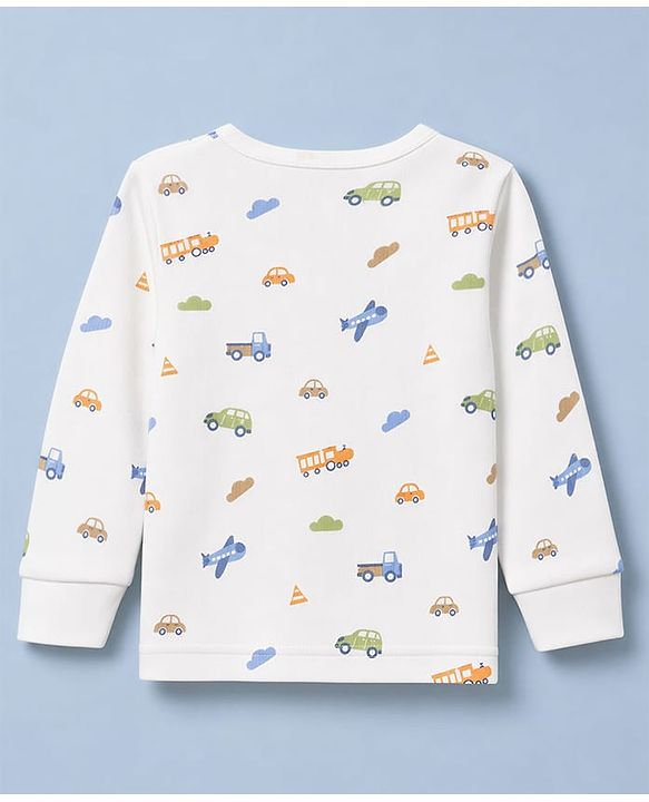 Babyhug Knit Full Sleeves Vehicles Printed Co-Ords Two Piece Vest & Pant Thermal Inner Wear Set - White