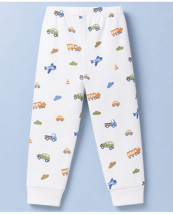 Babyhug Knit Full Sleeves Vehicles Printed Co-Ords Two Piece Vest & Pant Thermal Inner Wear Set - White