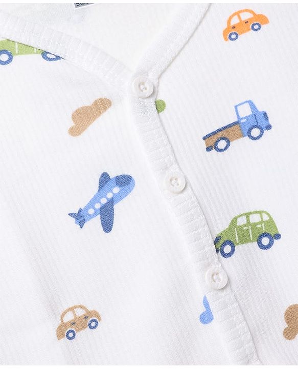 Babyhug Knit Full Sleeves Vehicles Printed Co-Ords Two Piece Vest & Pant Thermal Inner Wear Set - White
