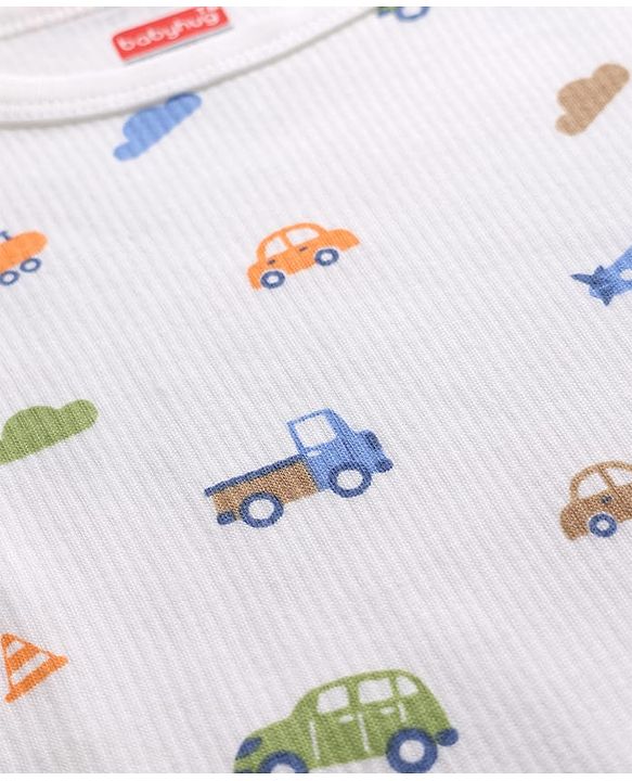 Babyhug Knit Full Sleeves Vehicles Printed Co-Ords Three Piece Pullover Vest & Pant Thermal Inner Wear Set - White