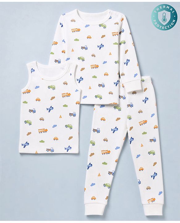 Babyhug Knit Full Sleeves Vehicles Printed Co-Ords Three Piece Pullover Vest & Pant Thermal Inner Wear Set - White