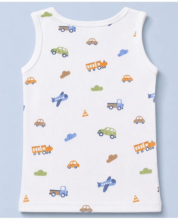 Babyhug Knit Full Sleeves Vehicles Printed Co-Ords Three Piece Pullover Vest & Pant Thermal Inner Wear Set - White