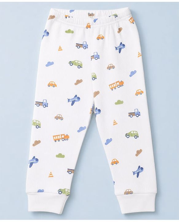 Babyhug Knit Full Sleeves Vehicles Printed Co-Ords Three Piece Pullover Vest & Pant Thermal Inner Wear Set - White
