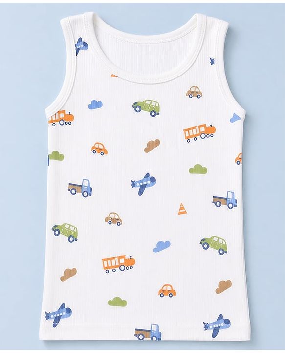 Babyhug Knit Full Sleeves Vehicles Printed Co-Ords Three Piece Pullover Vest & Pant Thermal Inner Wear Set - White