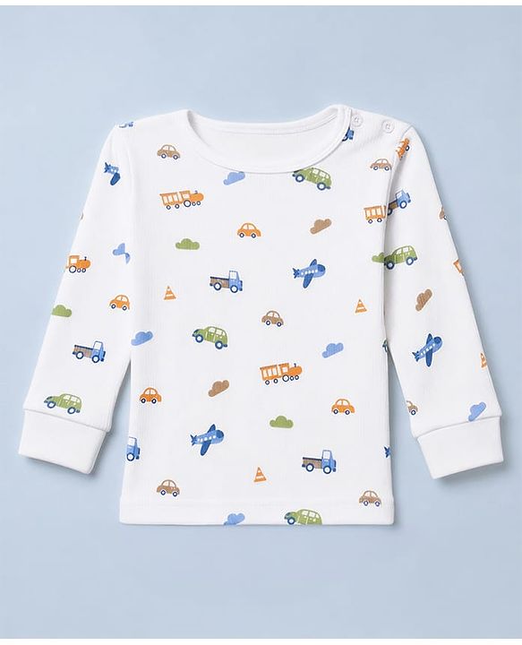 Babyhug Knit Full Sleeves Vehicles Printed Co-Ords Three Piece Pullover Vest & Pant Thermal Inner Wear Set - White