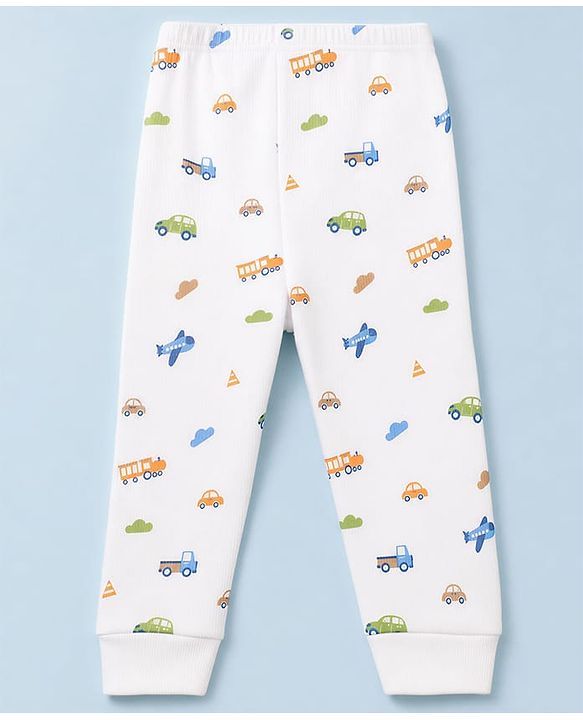 Babyhug Knit Full Sleeves Vehicles Printed Co-Ords Three Piece Pullover Vest & Pant Thermal Inner Wear Set - White