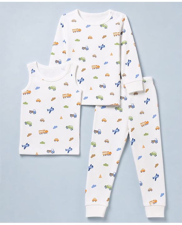 Babyhug Knit Full Sleeves Vehicles Printed Co-Ords Three Piece Pullover Vest & Pant Thermal Inner Wear Set - White
