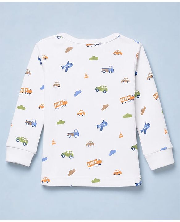 Babyhug Knit Full Sleeves Vehicles Printed Co-Ords Three Piece Pullover Vest & Pant Thermal Inner Wear Set - White