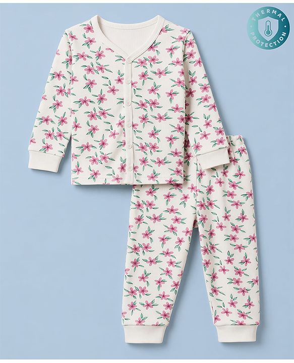 Babyhug Cotton Knit Thermal Inner wear With Floral Print - White