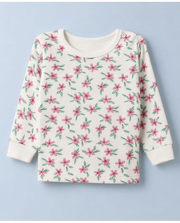 Babyhug Cotton Knit Full Sleeves Pullovers & Legging Thermal Inner Wear With Floral Print - White