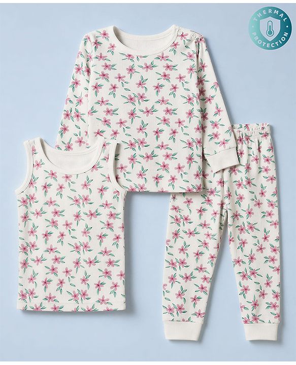 Babyhug Cotton Knit Full Sleeves Pullovers & Legging Thermal Inner Wear With Floral Print - White