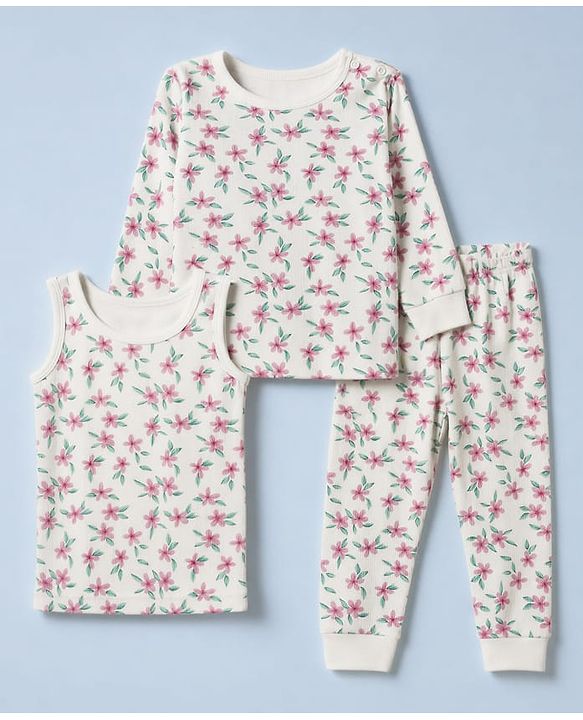 Babyhug Cotton Knit Full Sleeves Pullovers & Legging Thermal Inner Wear With Floral Print - White