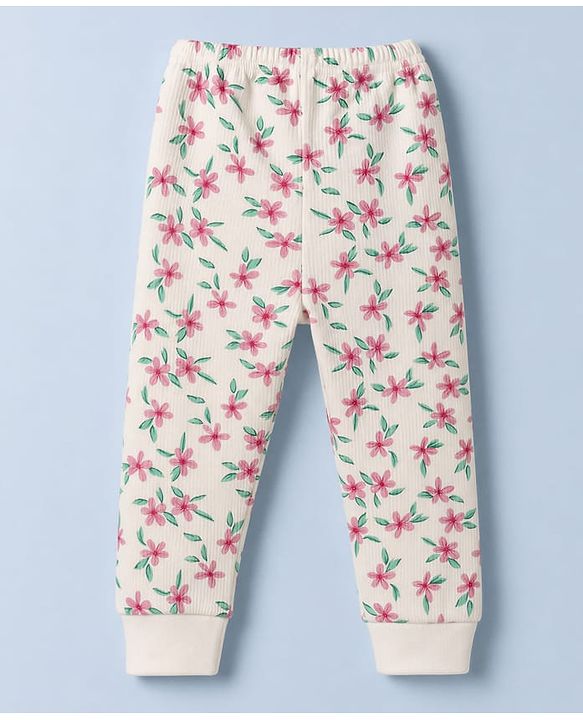 Babyhug Cotton Knit Full Sleeves Pullovers & Legging Thermal Inner Wear With Floral Print - White