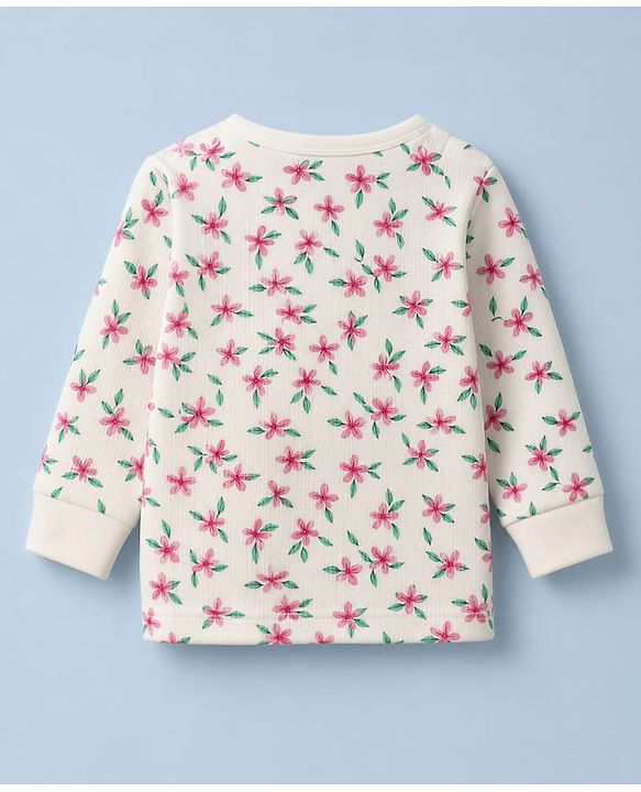 Babyhug Cotton Knit Full Sleeves Pullovers & Legging Thermal Inner Wear With Floral Print - White