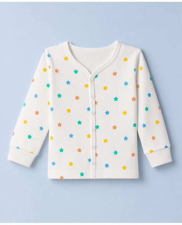 Babyhug Knit Full Sleeves Star Printed Co-Ords Vest & Pyjama Thermal Inner Wear Set - OffWhite