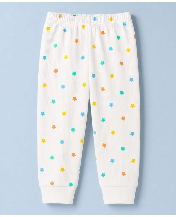 Babyhug Knit Full Sleeves Star Printed Co-Ords Vest & Pyjama Thermal Inner Wear Set - OffWhite
