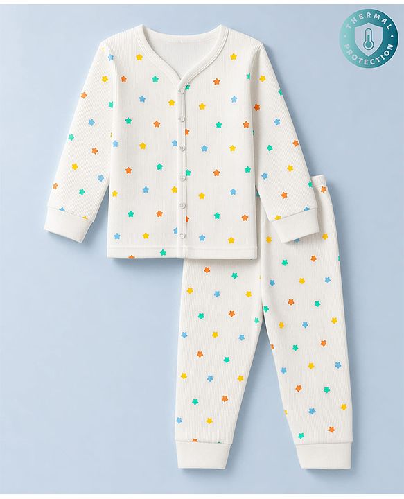 Babyhug Knit Full Sleeves Star Printed Co-Ords Vest & Pyjama Thermal Inner Wear Set - OffWhite