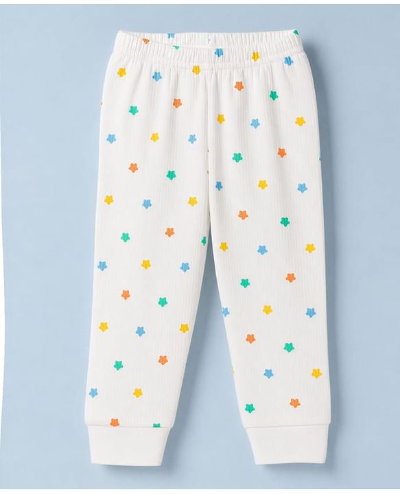 Babyhug Knit Full Sleeves Star Printed Co-Ords Vest & Pyjama Thermal Inner Wear Set - OffWhite