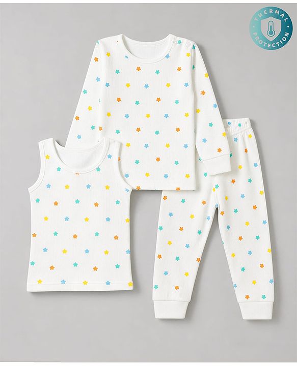 Babyhug Knit Full Sleeves Star Printed Co-Ords Pullover Vest & Leggings Thermal Inner Wear Set With Vest - White