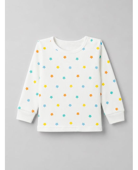 Babyhug Knit Full Sleeves Star Printed Co-Ords Pullover Vest & Leggings Thermal Inner Wear Set With Vest - White