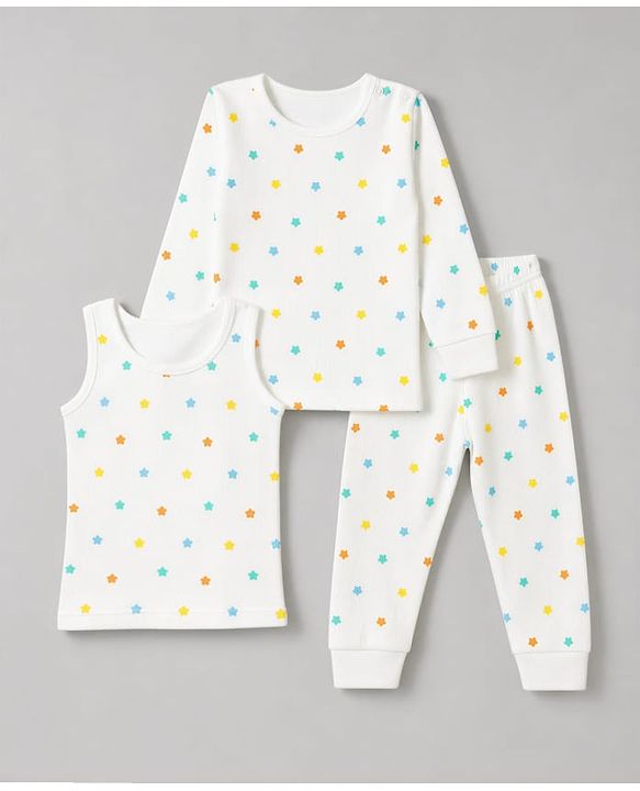 Babyhug Knit Full Sleeves Star Printed Co-Ords Pullover Vest & Leggings Thermal Inner Wear Set With Vest - White
