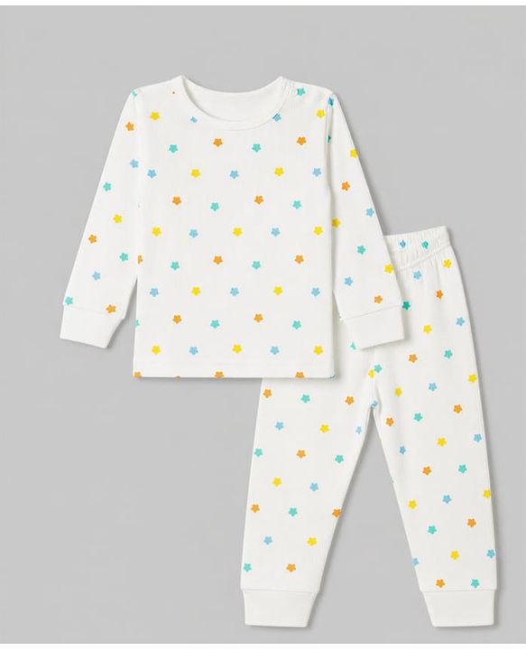 Babyhug Knit Full Sleeves Star Printed Co-Ords Pullover Vest & Leggings Thermal Inner Wear Set With Vest - White