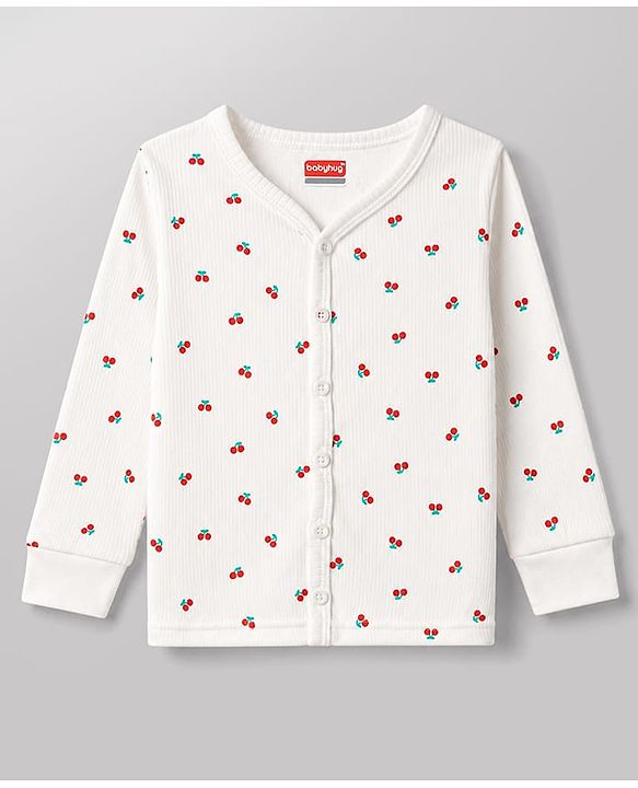 Babyhug Knit Full Sleeves Berry Printed Co-Ords Thermal Inner Wear Set -Off White