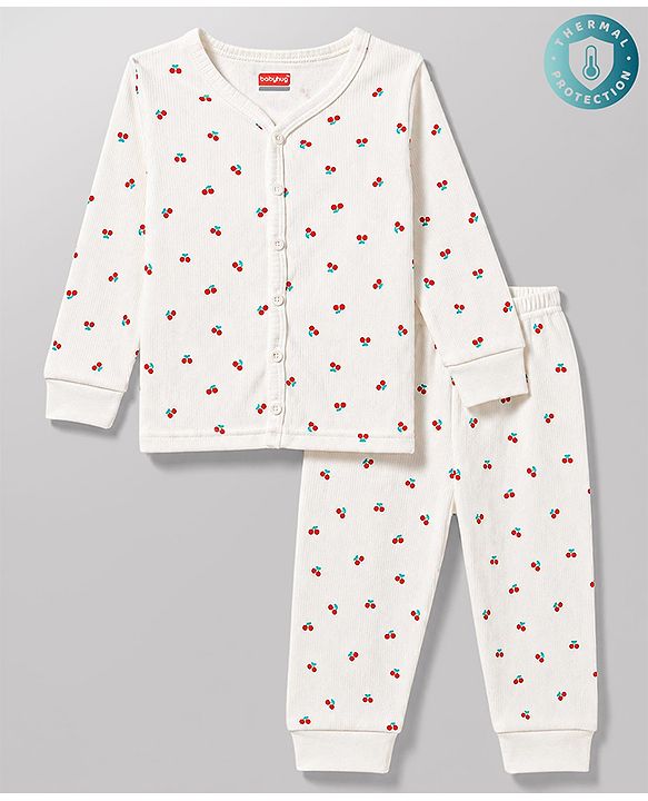 Babyhug Knit Full Sleeves Berry Printed Co-Ords Thermal Inner Wear Set -Off White
