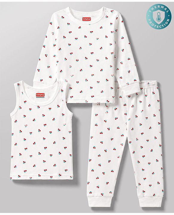 Babyhug Knit Full Sleeves Berry Printed Co-Ords Thermal Inner Wear Set with Vest -Off White