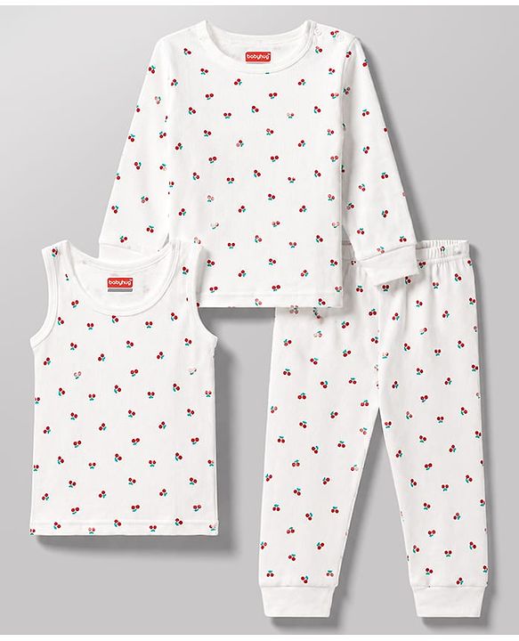 Babyhug Knit Full Sleeves Berry Printed Co-Ords Thermal Inner Wear Set with Vest -Off White